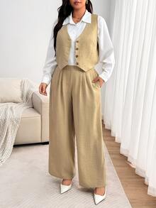 Enliva Plus Size 3 PiecesPants Set, Long Sleeve Shirt Vest And Wide Leg Trousers Fall - Apricot - View 2