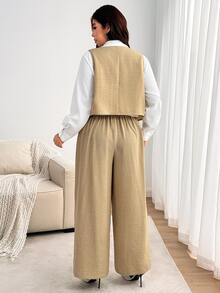 Enliva Plus Size 3 PiecesPants Set, Long Sleeve Shirt Vest And Wide Leg Trousers Fall - Apricot - View 3