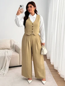 Enliva Plus Size 3 PiecesPants Set, Long Sleeve Shirt Vest And Wide Leg Trousers Fall - Apricot - View 6