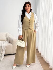 Enliva Plus Size 3 PiecesPants Set, Long Sleeve Shirt Vest And Wide Leg Trousers Fall - Apricot - View 5