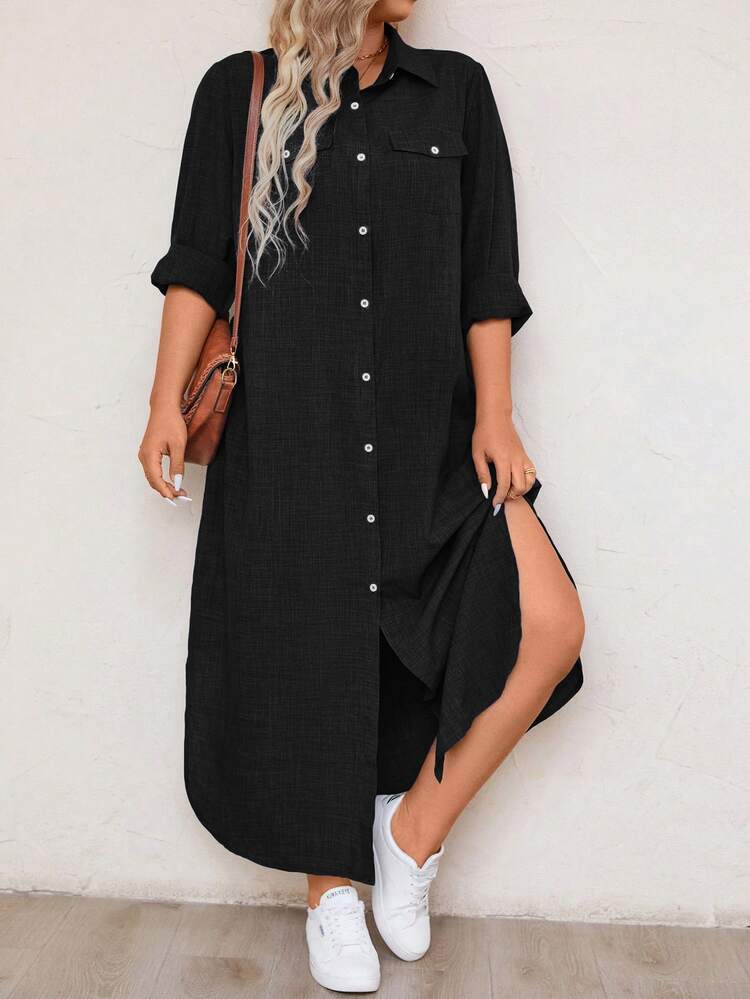 EMERY ROSE Plus Size Women's Solid Color Long Sleeve Shirt Dress Maxi Women Outfit Fall Cloth For Women - Black - View 6