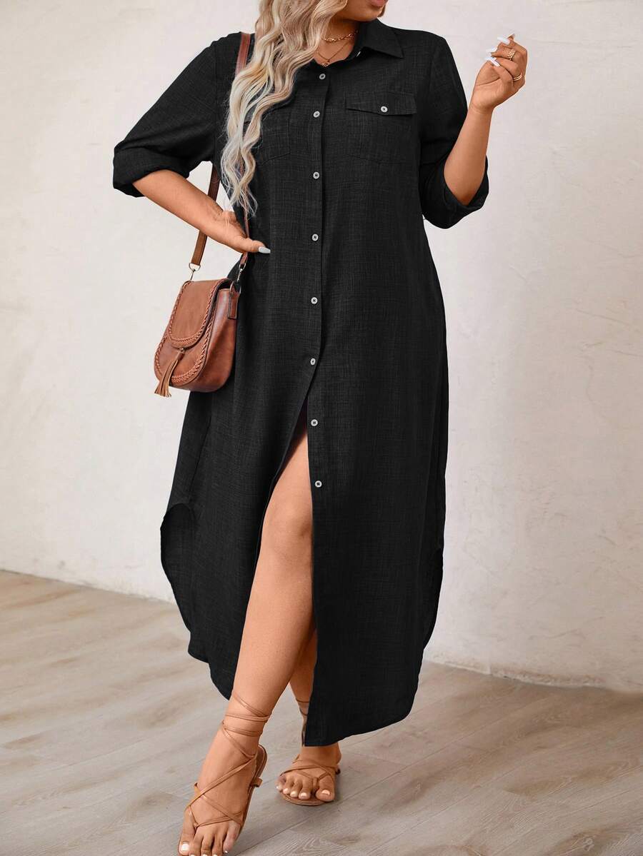 EMERY ROSE Plus Size Women's Solid Color Long Sleeve Shirt Dress Maxi Women Outfit Fall Cloth For Women - Black - View 1