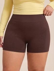 Rhythm Era Women's Plus Size High Waist Seamless Tight Solid Color Yoga Fitness Workout Leggings Shorts - Brown - View 4
