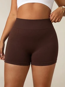 Rhythm Era Women's Plus Size High Waist Seamless Tight Solid Color Yoga Fitness Workout Leggings Shorts - Brown - View 7