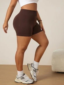 Rhythm Era Women's Plus Size High Waist Seamless Tight Solid Color Yoga Fitness Workout Leggings Shorts - Brown - View 8