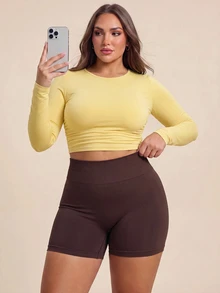 Rhythm Era Women's Plus Size High Waist Seamless Tight Solid Color Yoga Fitness Workout Leggings Shorts - Brown - View 9