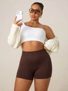 Rhythm Era Women's Plus Size High Waist Seamless Tight Solid Color Yoga Fitness Workout Leggings Shorts - Brown - View 10
