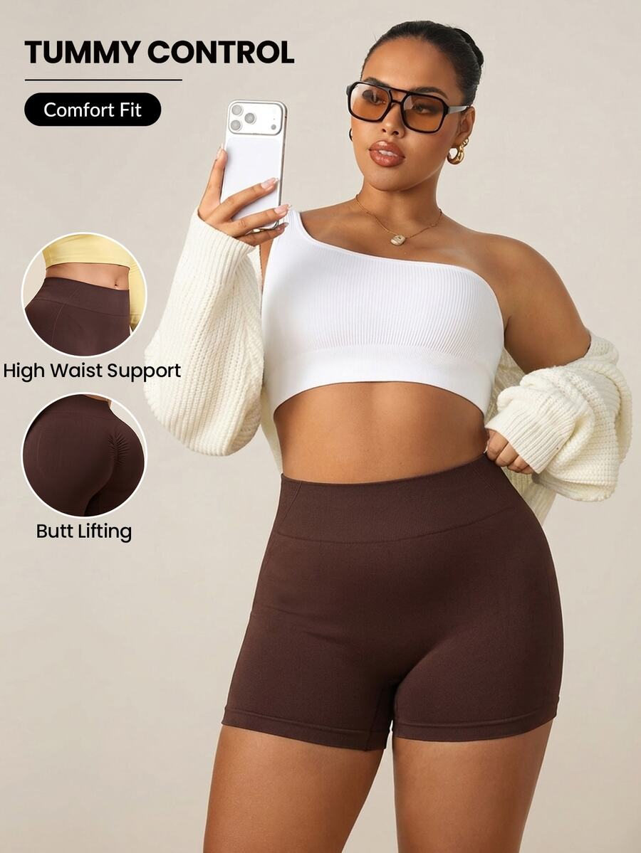 Rhythm Era Women's Plus Size High Waist Seamless Tight Solid Color Yoga Fitness Workout Leggings Shorts - Brown - View 1