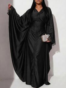 Veilorie Women's Elegant Solid Color Lace Patchwork Batwing Sleeve Dress Dinner Black Autumn - Black - View 7