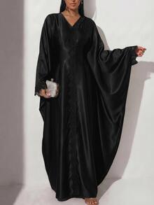 Veilorie Women's Elegant Solid Color Lace Patchwork Batwing Sleeve Dress Dinner Black Autumn - Black - View 5