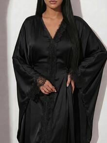 Veilorie Women's Elegant Solid Color Lace Patchwork Batwing Sleeve Dress Dinner Black Autumn - Black - View 4