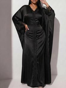 Veilorie Women's Elegant Solid Color Lace Patchwork Batwing Sleeve Dress Dinner Black Autumn - Black - View 6