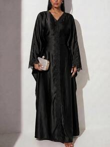 Veilorie Women's Elegant Solid Color Lace Patchwork Batwing Sleeve Dress Dinner Black Autumn - Black - View 3