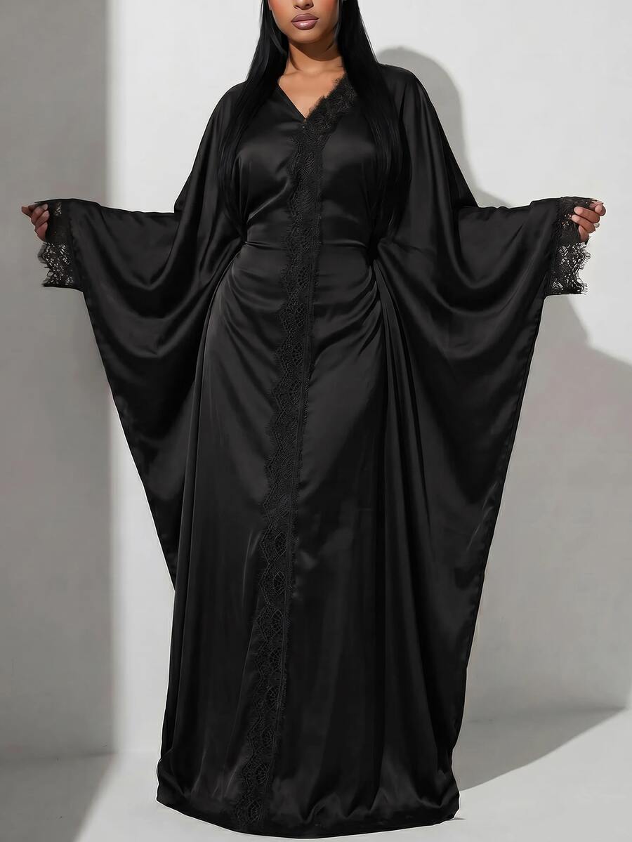Veilorie Women's Elegant Solid Color Lace Patchwork Batwing Sleeve Dress Dinner Black Autumn - Black - View 1