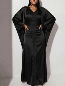 Veilorie Women's Elegant Solid Color Lace Patchwork Batwing Sleeve Dress Dinner Black Autumn - Black - View 8