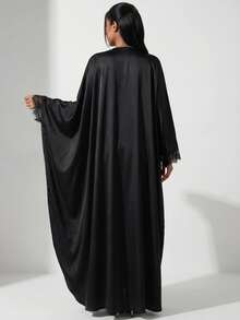 Veilorie Women's Elegant Solid Color Lace Patchwork Batwing Sleeve Dress Dinner Black Autumn - Black - View 2