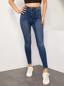 SHEIN Essnce High Waist High Stretch Slant Pocket Jeans - Dark Wash - View 4