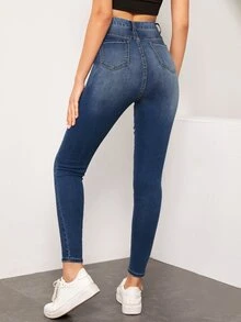 SHEIN Essnce High Waist High Stretch Slant Pocket Jeans - Dark Wash - View 2
