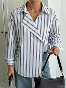 DAZY Casual Loose Striped 2 In 1 Shirt For Women Long Sleeve - Blue - View 5