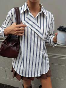 DAZY Casual Loose Striped 2 In 1 Shirt For Women Long Sleeve - Blue - View 7