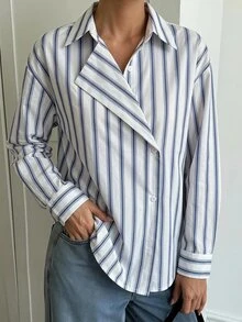 DAZY Casual Loose Striped 2 In 1 Shirt For Women Long Sleeve - Blue - View 3