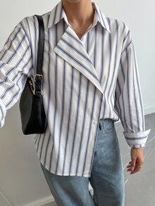 DAZY Casual Loose Striped 2 In 1 Shirt For Women Long Sleeve - Blue - View 4