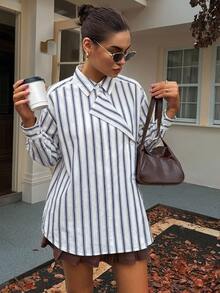 DAZY Casual Loose Striped 2 In 1 Shirt For Women Long Sleeve - Blue - View 8