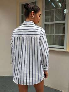 DAZY Casual Loose Striped 2 In 1 Shirt For Women Long Sleeve - Blue - View 6