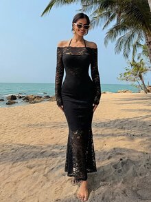 DAZY Long Lace Patchwork Women Formal Gown Elegant,Ruffle,Fall Dress Long Sleeve Dress Off Shoulder Valentine's Day Maxi Dress - Black - View 4