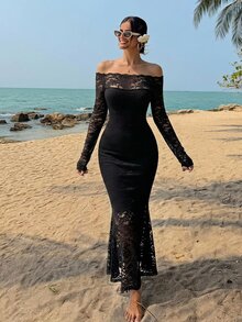 DAZY Long Lace Patchwork Women Formal Gown Elegant,Ruffle,Fall Dress Long Sleeve Dress Off Shoulder Valentine's Day Maxi Dress - Black - View 5
