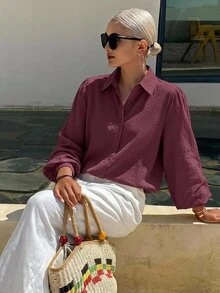 DAZY ملابس علوية نسائية فضفاضة بياقة مطوية بسيطة، لون أحمر أرجواني، ملابس الربيع/الصيف/الخريف، ملابس علوية بريبي، ملابس علوية بأكمام طويلة، ملابس علوية لطيفة - أحمر بنفسجي - مشاهدة 2