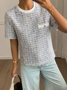 DAZY Textured Pocket Decor Round Neck Slim Fitted Short Sleeve Women's T-Shirt,Fall Clothes Plaid - Multicolor - View 3