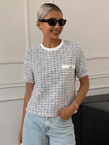 DAZY Textured Pocket Decor Round Neck Slim Fitted Short Sleeve Women's T-Shirt,Fall Clothes Plaid - Multicolor - View 4