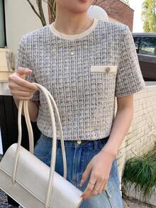 DAZY Textured Pocket Decor Round Neck Slim Fitted Short Sleeve Women's T-Shirt,Fall Clothes Plaid - Multicolor - View 7