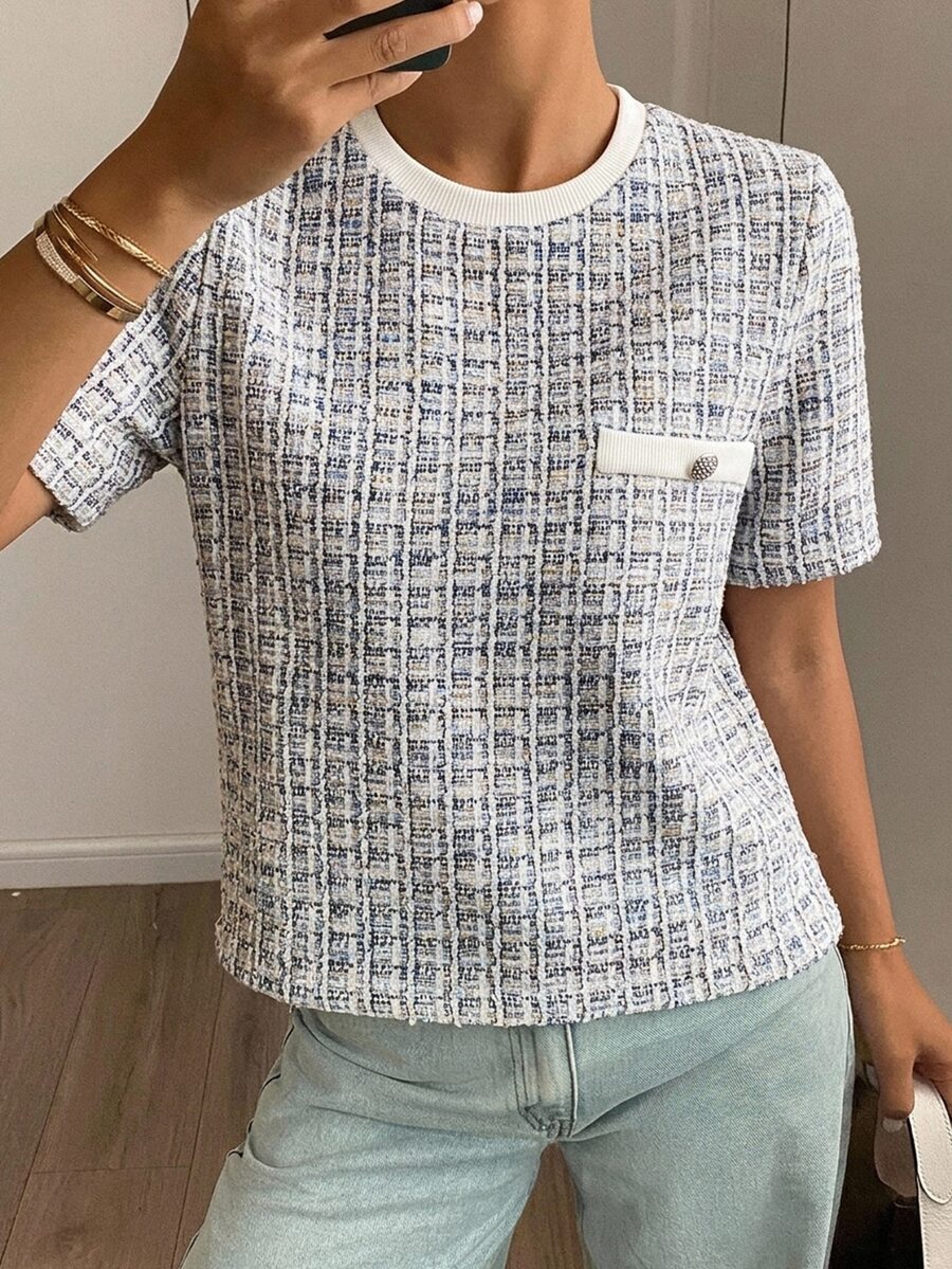 DAZY Textured Pocket Decor Round Neck Slim Fitted Short Sleeve Women's T-Shirt,Fall Clothes Plaid - Multicolor - View 1