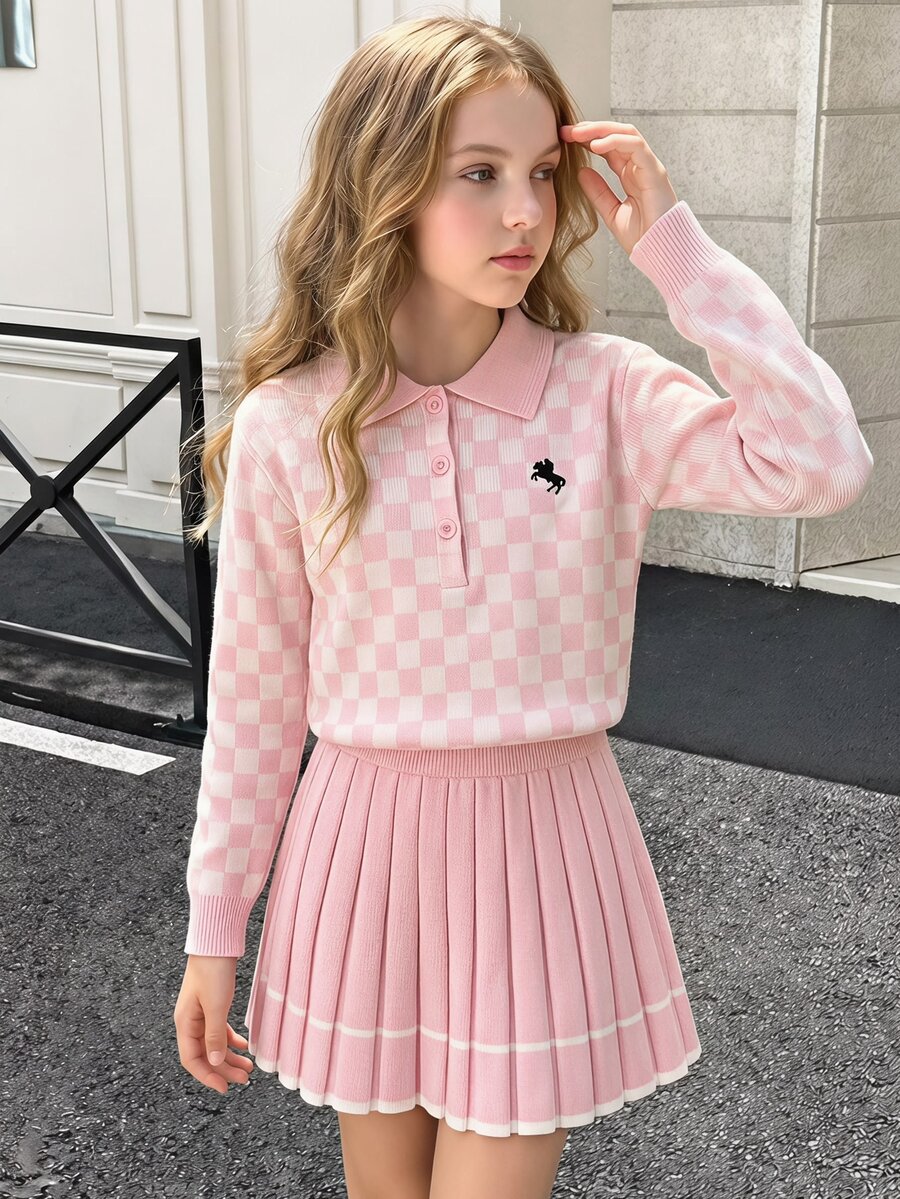 SHEIN Kids Tween Girl Plaid Pattern Drop Shoulder Sweater And Solid Pink Pleated Autumn Winter Skirt 2pcs Set - Pink - View 1