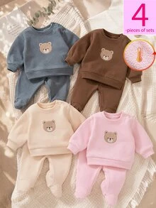 SHEIN Vintaside Kids 4件組新生女嬰針織衛衣連腳褲，棕色、白色、淺粉色、藍色，熊刺繡長袖圓領，適合戶外拍照，冬季Y2K風格 - 彩色 - 查看 1