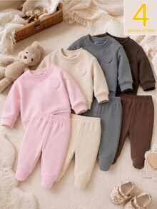 SHEIN Vintaside Kids 4件組新生女嬰針織衛衣連腳褲，棕色、白色、淺粉色、藍色，熊刺繡長袖圓領，適合戶外拍照，冬季Y2K風格 - 彩色 - 查看 3