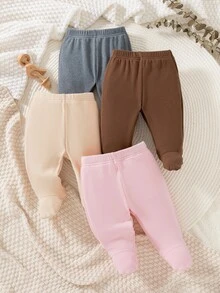 SHEIN Vintaside Kids 4件組新生女嬰針織衛衣連腳褲，棕色、白色、淺粉色、藍色，熊刺繡長袖圓領，適合戶外拍照，冬季Y2K風格 - 彩色 - 查看 5