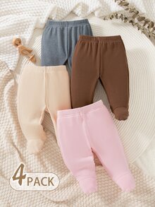 SHEIN Vintaside Kids 4件組新生女嬰針織衛衣連腳褲，棕色、白色、淺粉色、藍色，熊刺繡長袖圓領，適合戶外拍照，冬季Y2K風格 - 彩色 - 查看 4