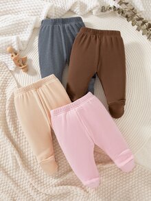 SHEIN Vintaside Kids 4件組新生女嬰針織衛衣連腳褲，棕色、白色、淺粉色、藍色，熊刺繡長袖圓領，適合戶外拍照，冬季Y2K風格 - 彩色 - 查看 2