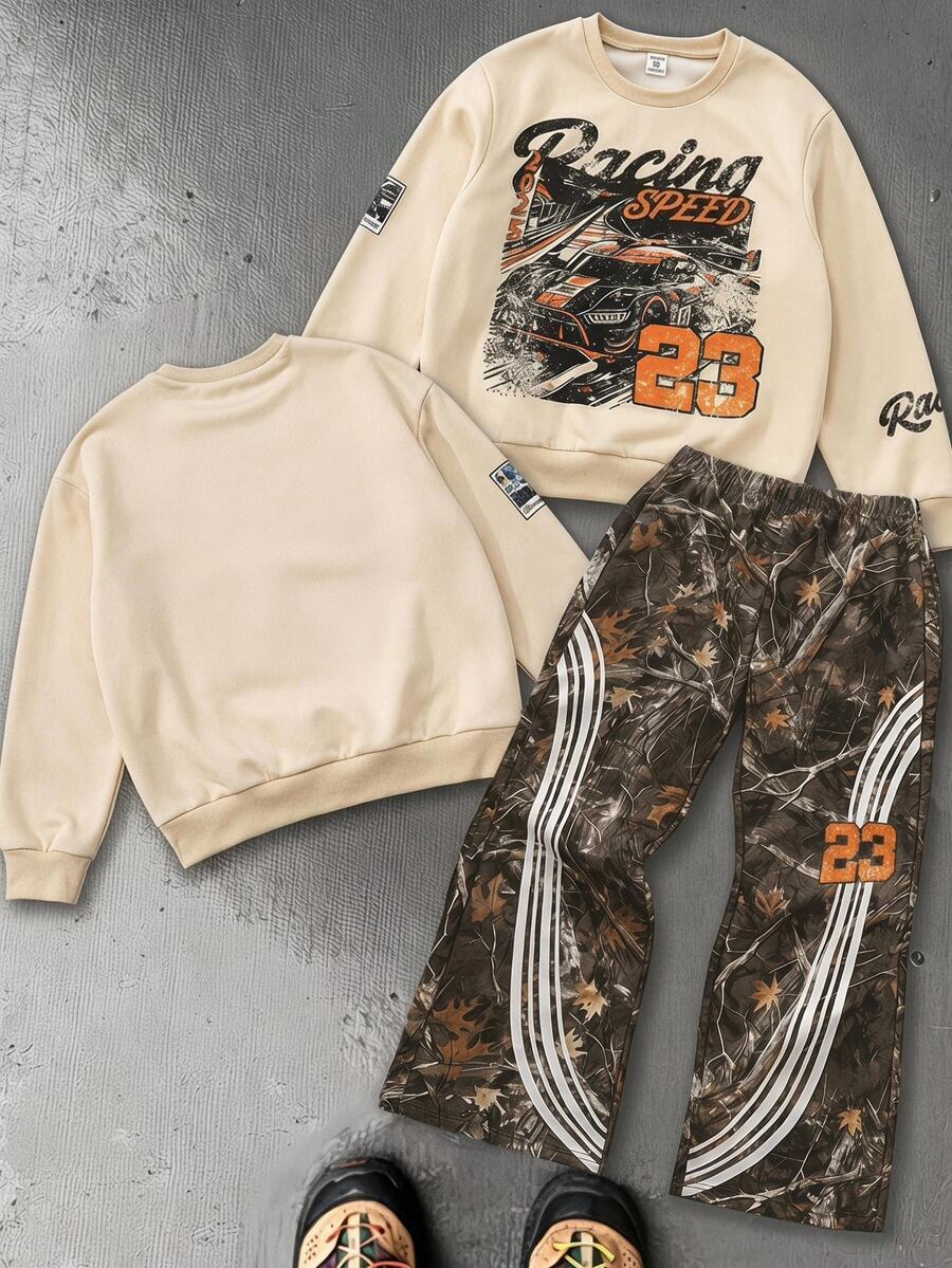 PAVTROS Setelan Sweatshirt Fleece Tebal untuk Anak Laki-Laki, Atasan Leher Bulat dengan Cetakan Huruf Balap & Celana Panjang Lebar Motif Kamuflase 2 Potong, Pakaian Kasual Sporty untuk Anak Laki-Laki Saat Beraktivitas di Luar Ruangan - Aprikot - View 1