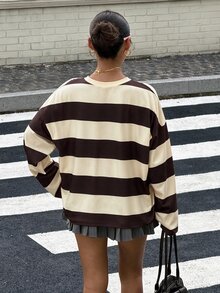 Muchica Women's Round Neck Striped Letter Print Long Sleeve Fashion T-Shirt - Light Yellow - View 2