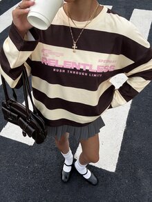 Muchica Women's Round Neck Striped Letter Print Long Sleeve Fashion T-Shirt - Light Yellow - View 1
