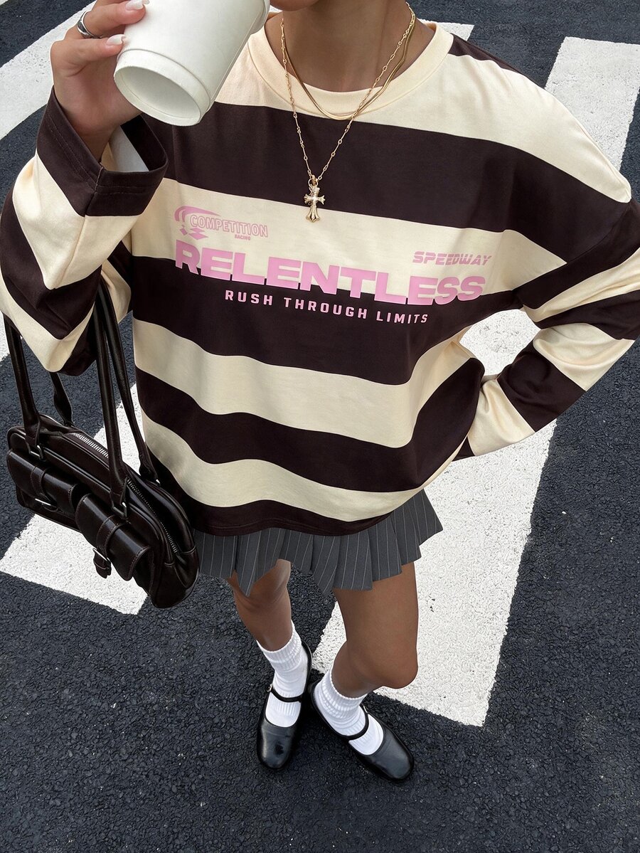 Muchica Women's Round Neck Striped Letter Print Long Sleeve Fashion T-Shirt - Light Yellow - View 1