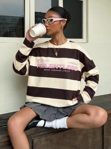 Muchica Women's Round Neck Striped Letter Print Long Sleeve Fashion T-Shirt - Light Yellow - View 6