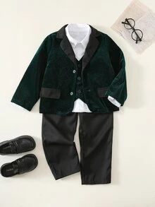 SHEIN 3件組小男孩冬季學院風可愛休閒綠色西裝外套、背心、休閒長褲，紳士套裝，適合生日派對、電音派對、晚宴、表演、婚禮、滿月、洗禮、1歲生日慶祝、婚禮賓客、聖誕節 - 綠色 - 查看 2