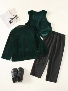 SHEIN 3件組小男孩冬季學院風可愛休閒綠色西裝外套、背心、休閒長褲，紳士套裝，適合生日派對、電音派對、晚宴、表演、婚禮、滿月、洗禮、1歲生日慶祝、婚禮賓客、聖誕節 - 綠色 - 查看 3