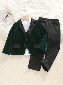 SHEIN 3件組小男孩冬季學院風可愛休閒綠色西裝外套、背心、休閒長褲，紳士套裝，適合生日派對、電音派對、晚宴、表演、婚禮、滿月、洗禮、1歲生日慶祝、婚禮賓客、聖誕節 - 綠色 - 查看 5