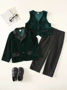 SHEIN 3件組小男孩冬季學院風可愛休閒綠色西裝外套、背心、休閒長褲，紳士套裝，適合生日派對、電音派對、晚宴、表演、婚禮、滿月、洗禮、1歲生日慶祝、婚禮賓客、聖誕節 - 綠色 - 查看 4